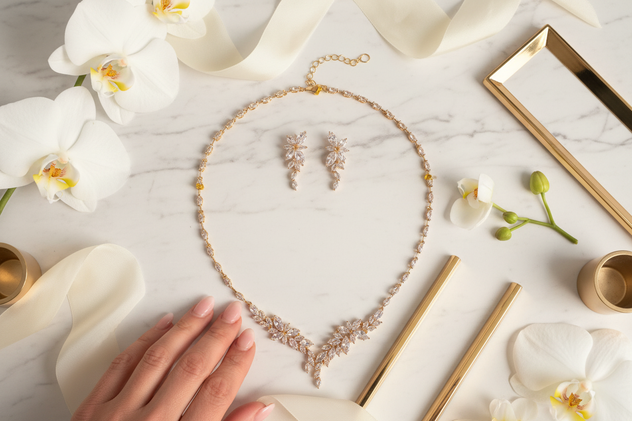 Zirkonia Schmuckset Gold – Collier & Ohrringe im eleganten Blätterdesign Brautschmuck | ONDEGO®