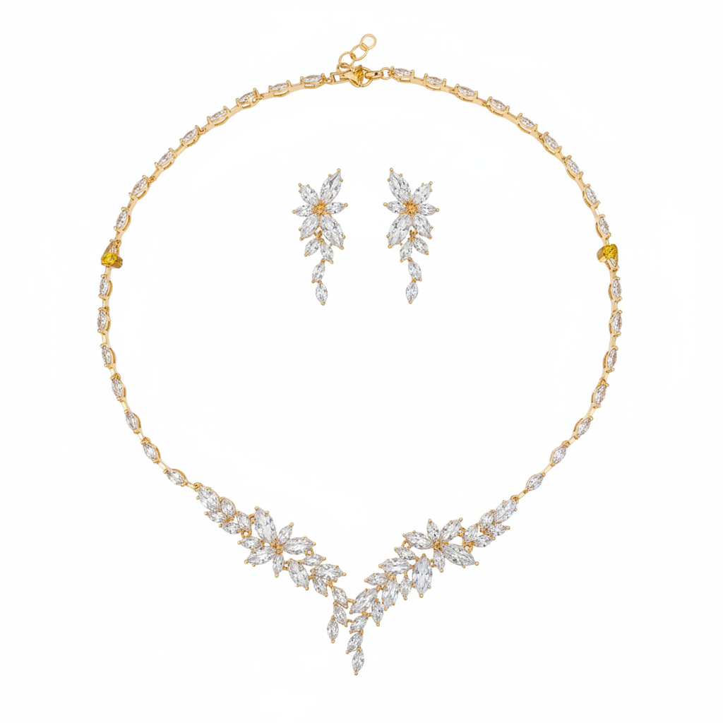 Zirkonia Schmuckset Gold – Collier & Ohrringe im eleganten Blätterdesign Brautschmuck | ONDEGO®