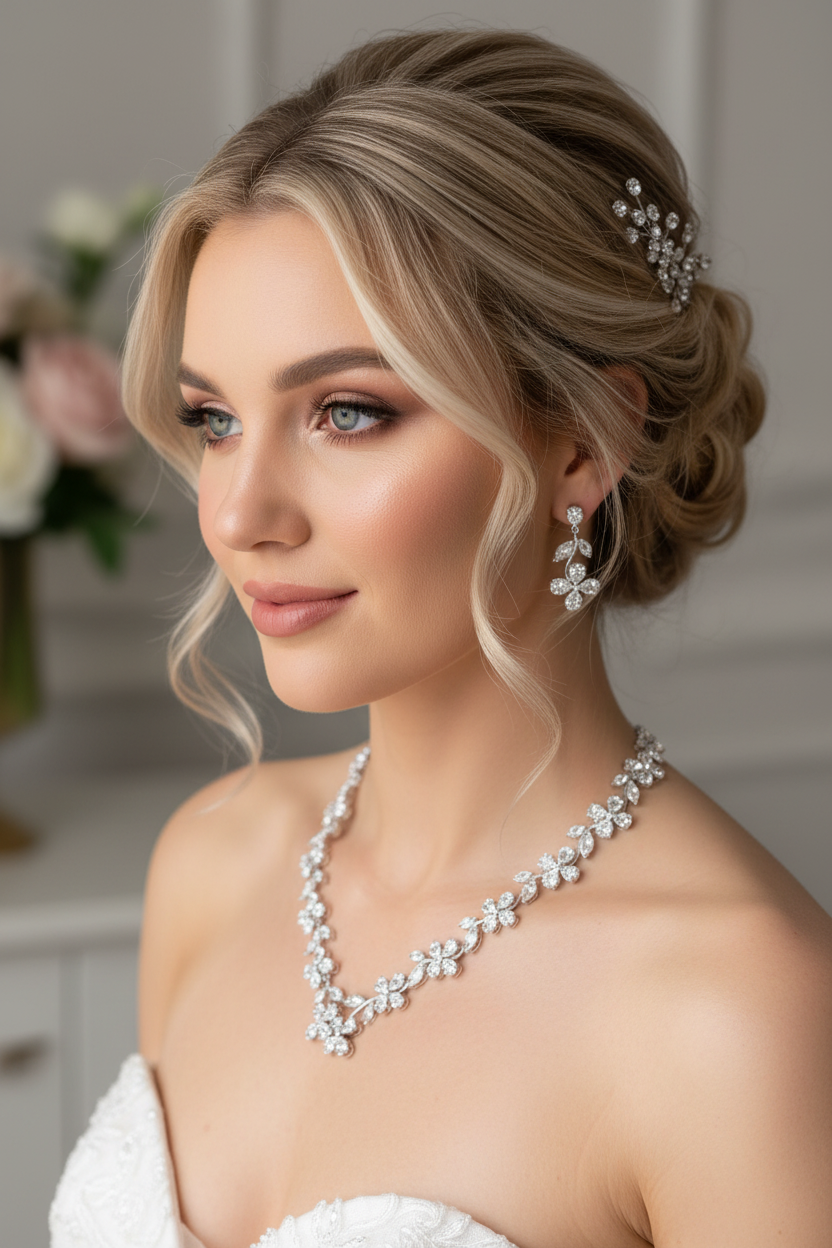 Zirkonia Schmuckset Silber – Collier & Ohrringe im Blütendesign Brautschmuck | ONDEGO®