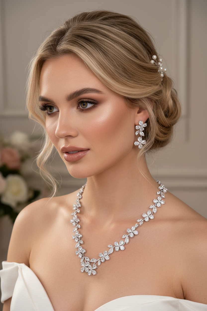 Zirkonia Schmuckset Silber – Collier & Ohrringe im Blütendesign Brautschmuck | ONDEGO®