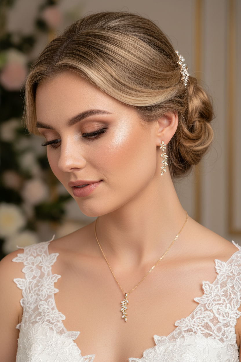 Brautschmuck Set Gold – Zirkonia Blätter Kette & Ohrringe mit optionaler Rückenkette | ONDEGO®