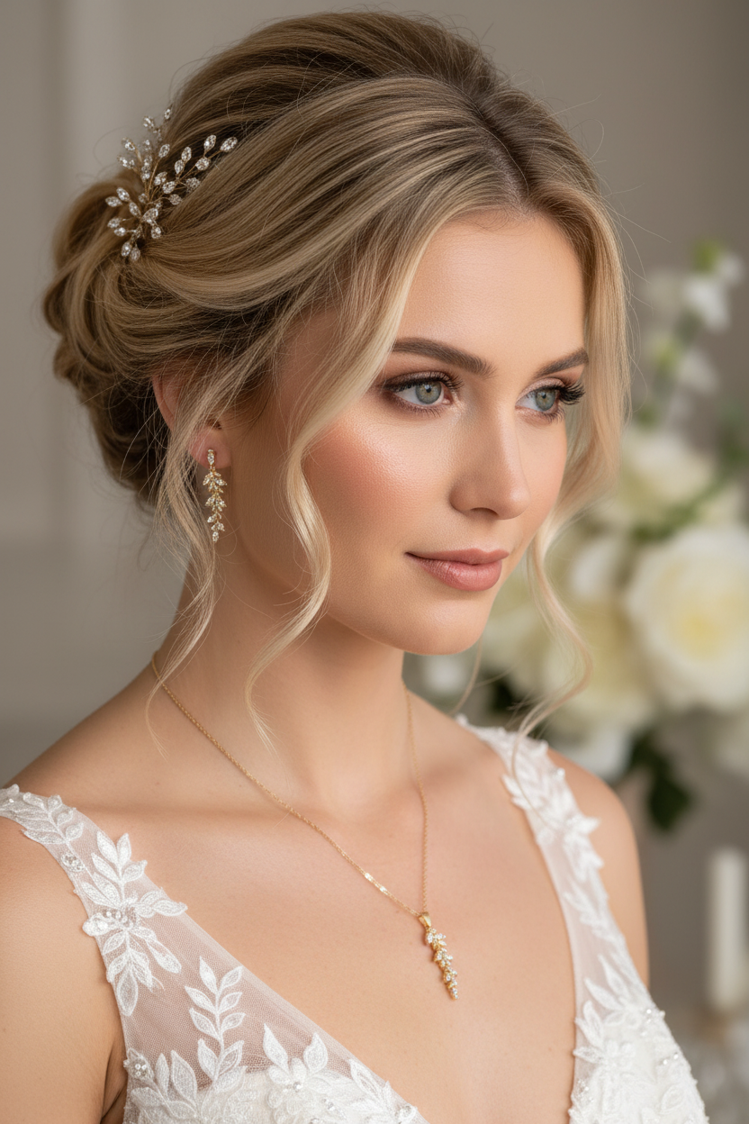 Brautschmuck Set Gold – Zirkonia Blätter Kette & Ohrringe mit optionaler Rückenkette | ONDEGO®