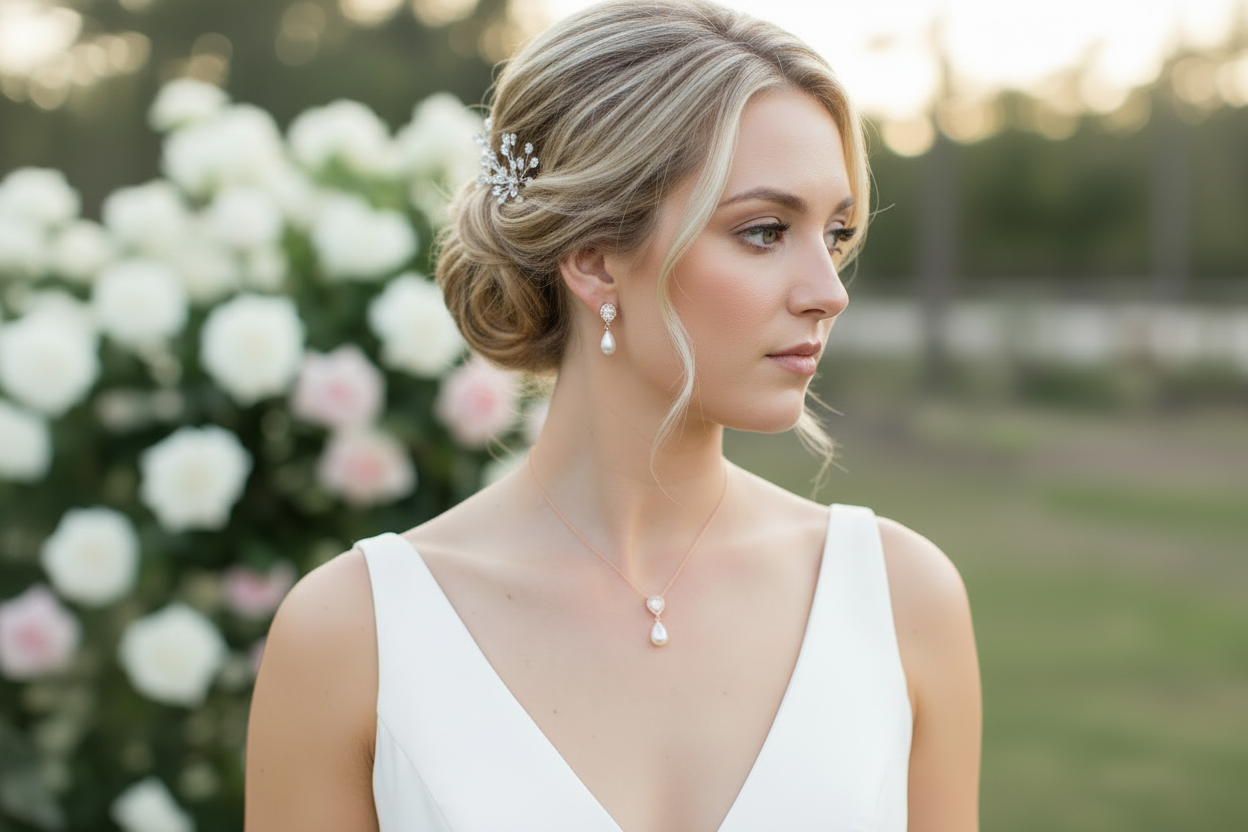 Zirkonia Perlen Schmuckset Roségold – Halskette & Ohrringe | Eleganter Brautschmuck | ONDEGO®