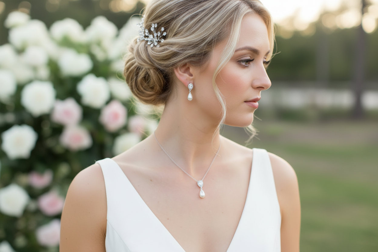 Zirkonia Perlen Schmuckset Rückenkette Silber – Brautschmuck mit abnehmbarer Rücken-Kette & Ohrringen | ONDEGO®
