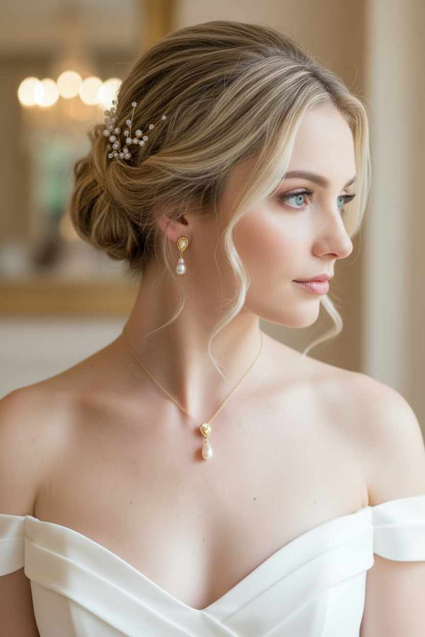 Zirkonia Perlen Schmuckset Gold mit Rückenkette – Halskette & Ohrringe | Brautschmuck | ONDEGO®
