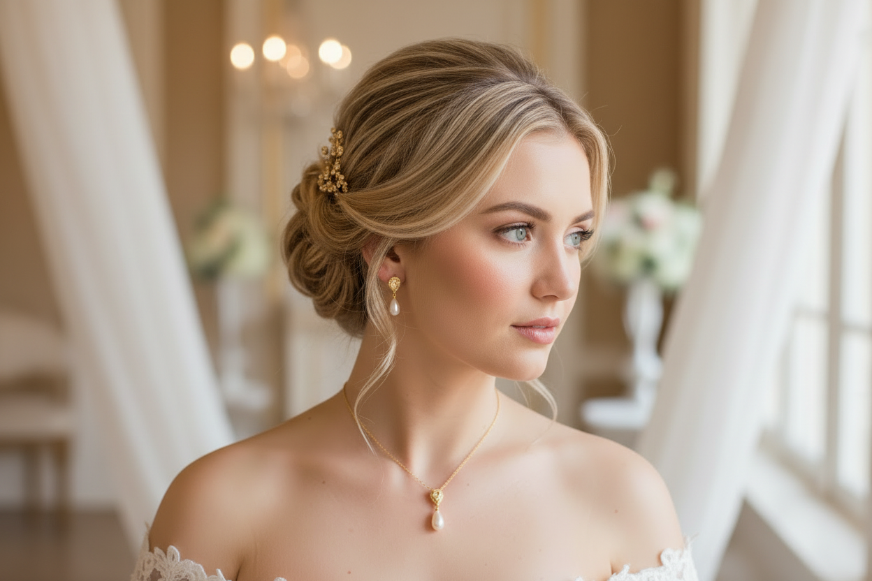 Zirkonia Perlen Schmuckset Gold mit Rückenkette – Halskette & Ohrringe | Brautschmuck | ONDEGO®