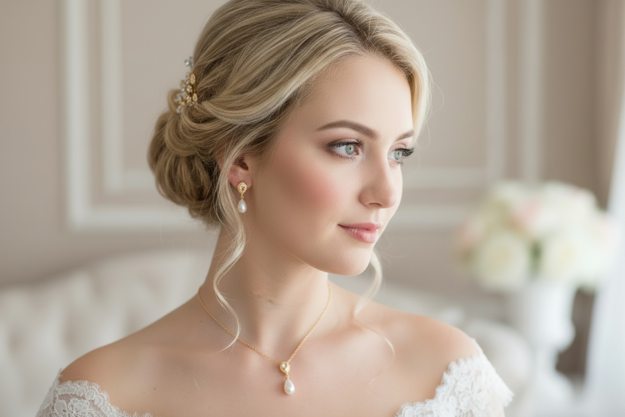 Zirkonia Perlen Schmuckset Gold mit Rückenkette – Halskette & Ohrringe | Brautschmuck | ONDEGO®
