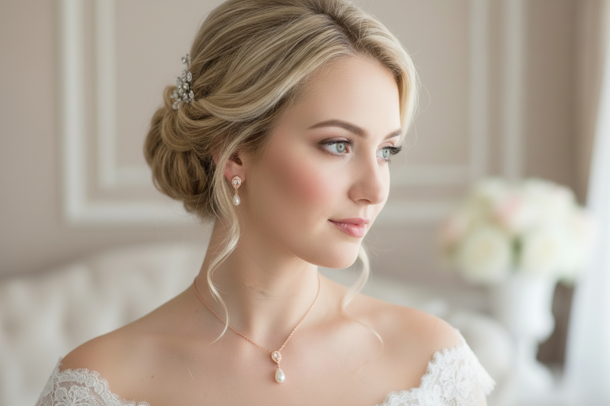 Zirkonia Perlen Schmuckset Roségold – Halskette & Ohrringe | Eleganter Brautschmuck | ONDEGO®