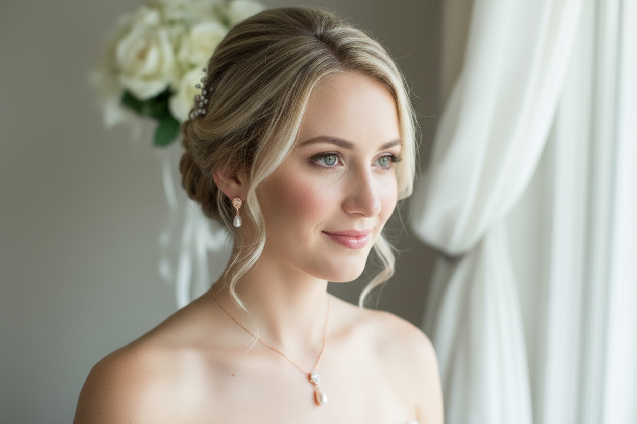 Zirkonia Perlen Schmuckset Roségold – Halskette & Ohrringe | Eleganter Brautschmuck | ONDEGO®
