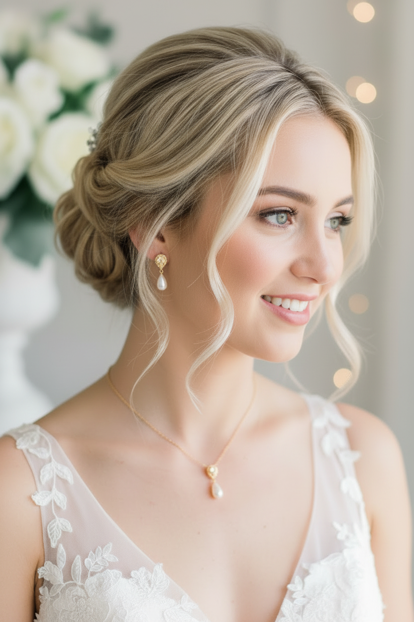 Zirkonia Perlen Schmuckset Gold mit Rückenkette – Halskette & Ohrringe | Brautschmuck | ONDEGO®