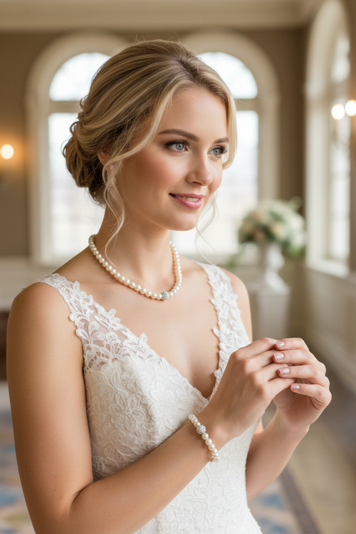Brautschmuck Set Perlen Weiß – 3-teilig Kette, Armband & Ohrringe mit Strass | ONDEGO®