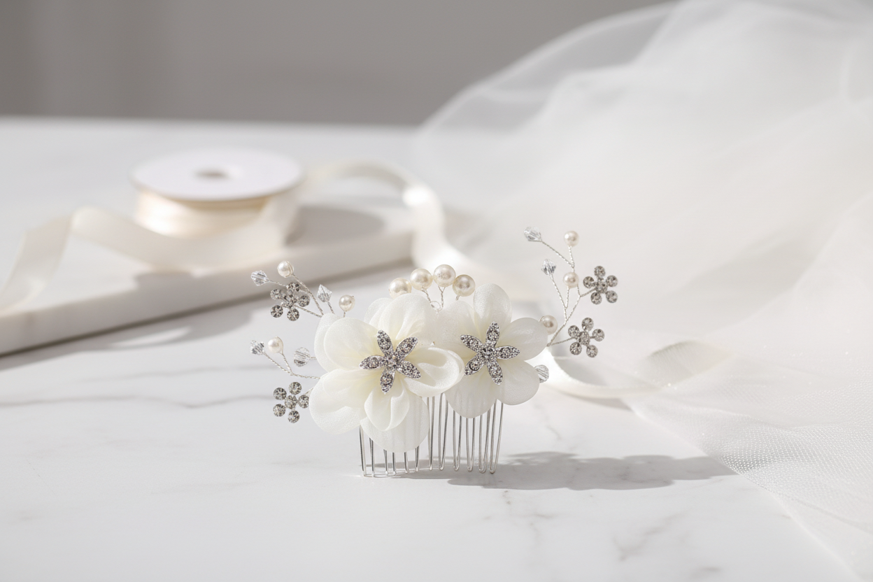 XS Blüten Haarkamm – Ivory Blüten & Strass | Dezenter Brauthaarschmuck | ONDEGO®