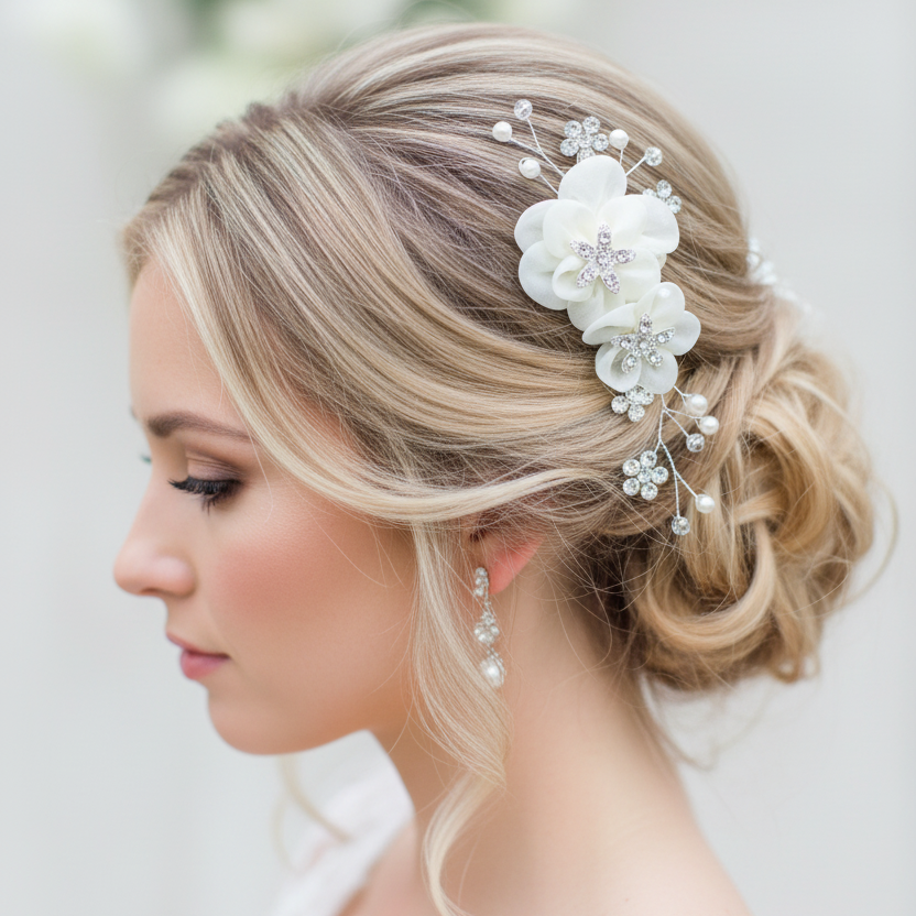 XS Blüten Haarkamm – Ivory Blüten & Strass | Dezenter Brauthaarschmuck | ONDEGO®