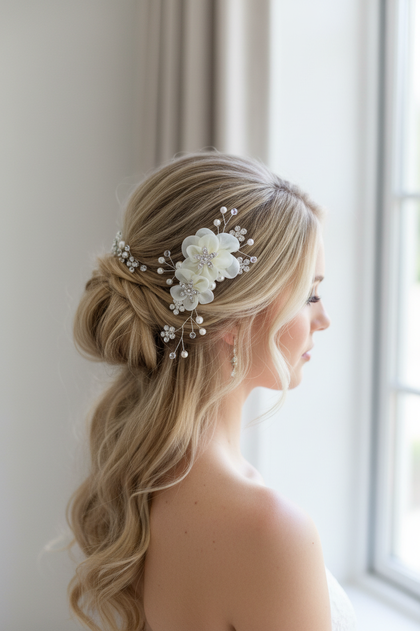 XS Blüten Haarkamm – Ivory Blüten & Strass | Dezenter Brauthaarschmuck | ONDEGO®