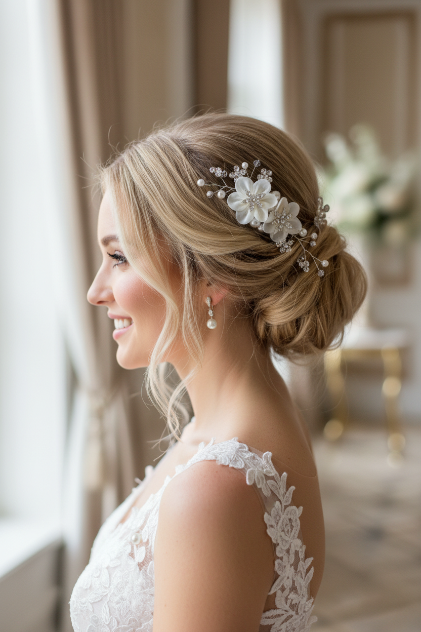 XS Blüten Haarkamm – Ivory Blüten & Strass | Dezenter Brauthaarschmuck | ONDEGO®