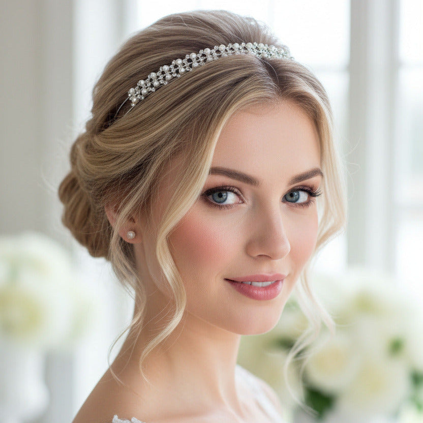 Perlen Strass Haarreif Silber – eleganter & dezent breiter Braut Haarschmuck für Hochzeit | ONDEGO®