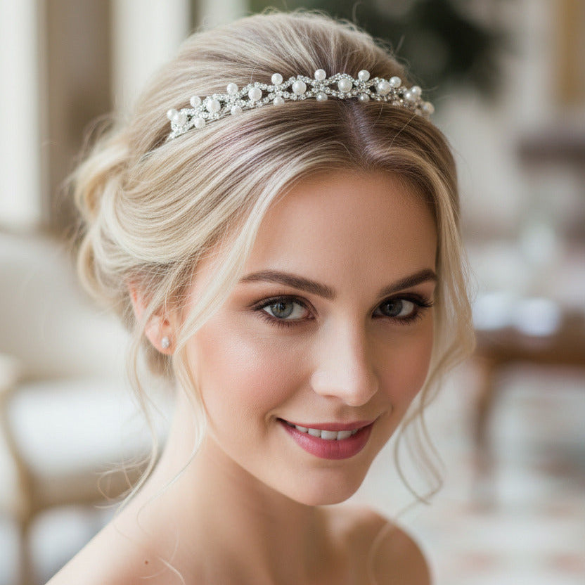 Perlen Strass Haarreif Silber – eleganter Braut Haarschmuck, Tiara für Hochzeit & Anlass | ONDEGO®