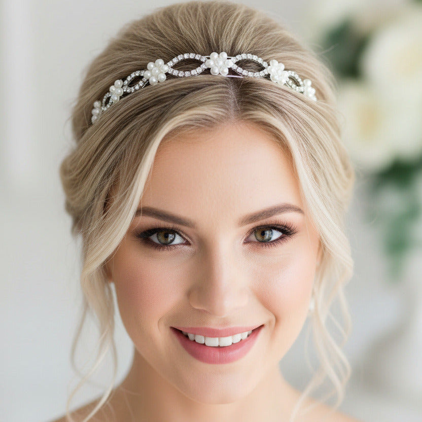 Perlen Strass Haarreif Silber – eleganter & dezenter Braut Haarschmuck für Hochzeit | ONDEGO®