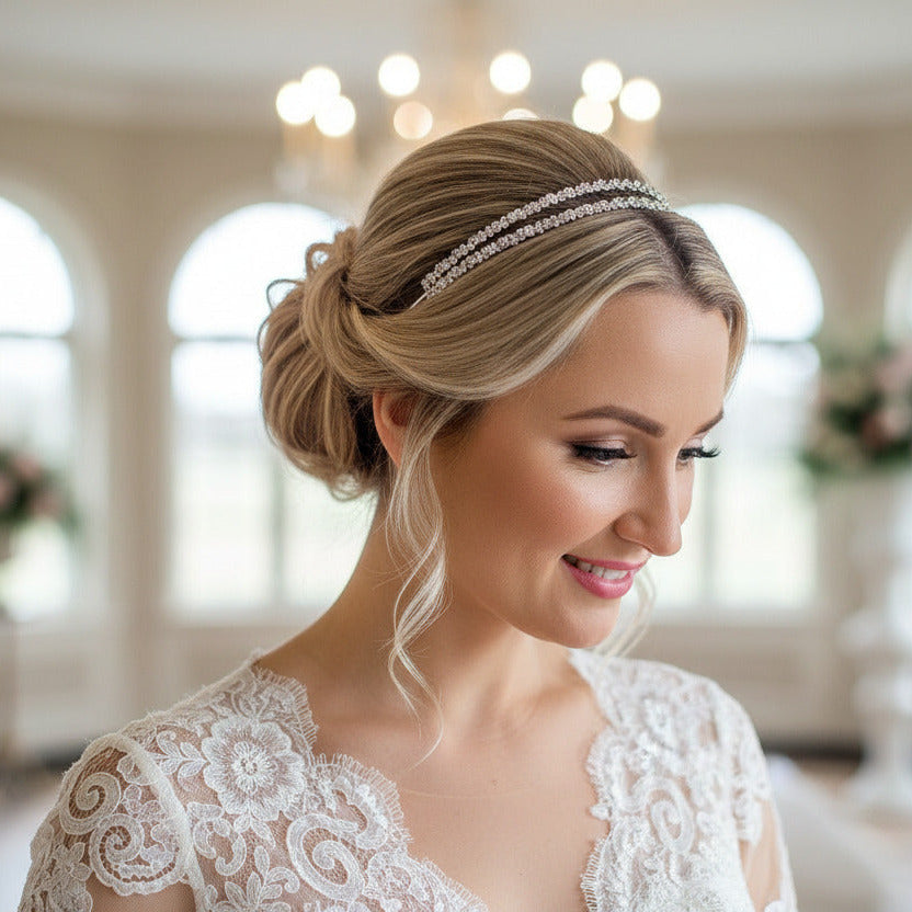 Doppellagiges Strass Diadem Silber – 2-reihige Tiara für Braut & Hochzeit | ONDEGO®