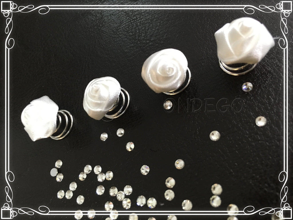 Elegante Curlies Weiß – 6er Set Haarspiralen mit Stoffblüten für Braut, Hochzeit & festliche Frisuren | ONDEGO®
