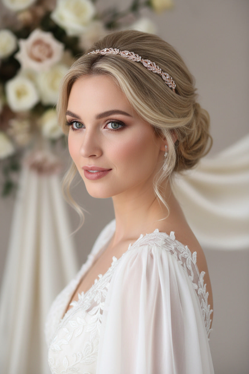 Vintage Strass Diadem Roségold – Boho Haarranke im Blattdesign für Hochzeit, Brautfrisur & Festlichkeiten | ONDEGO®