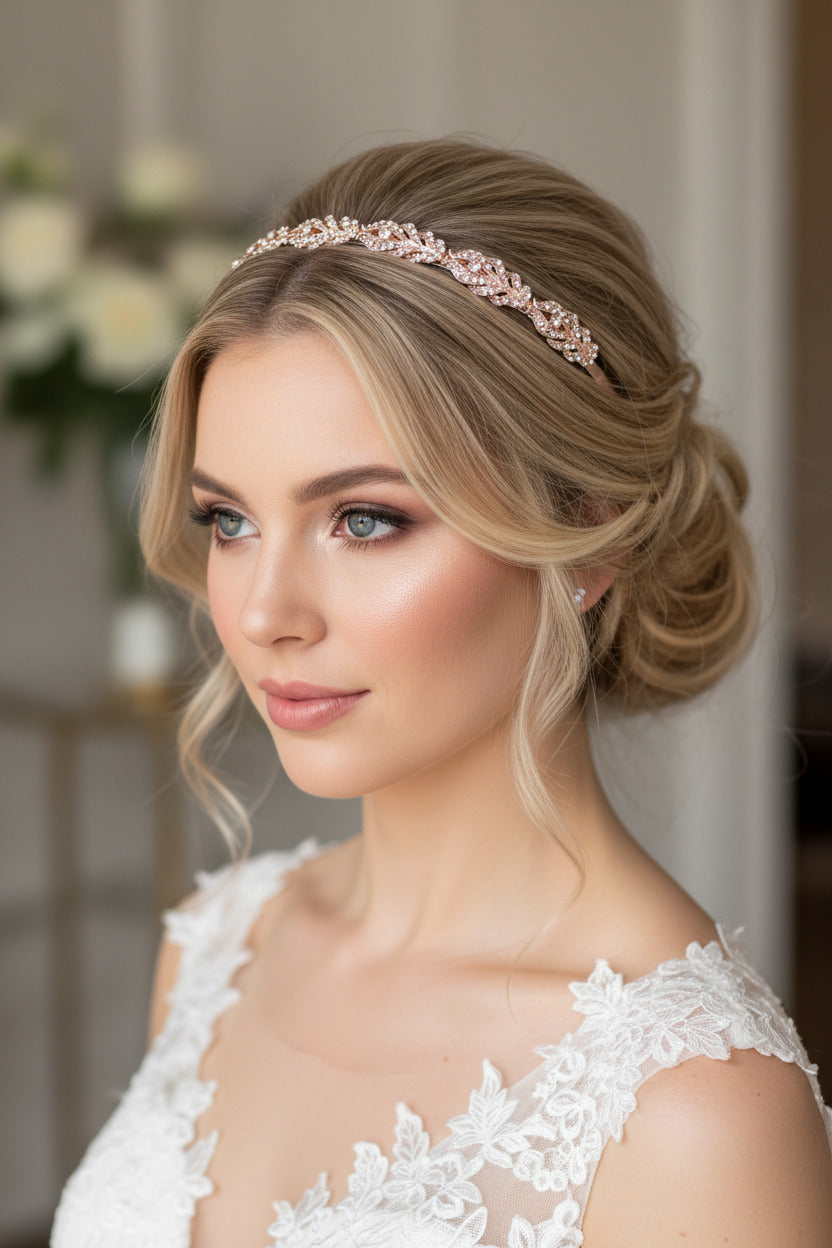 Vintage Strass Diadem Roségold – Boho Haarranke im Blattdesign für Hochzeit, Brautfrisur & Festlichkeiten | ONDEGO®