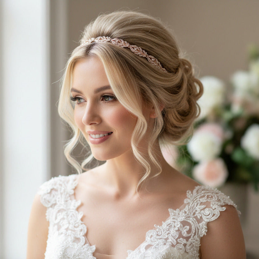 Vintage Strass Diadem Roségold – Boho Haarranke im Blattdesign für Hochzeit, Brautfrisur & Festlichkeiten | ONDEGO®