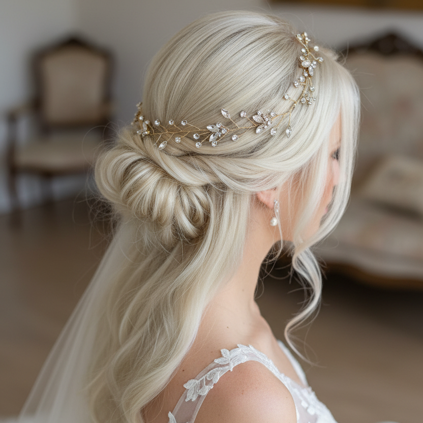 Gold Haardraht Diadem mit Strass – Flexibler Brauthaarschmuck | ONDEGO®