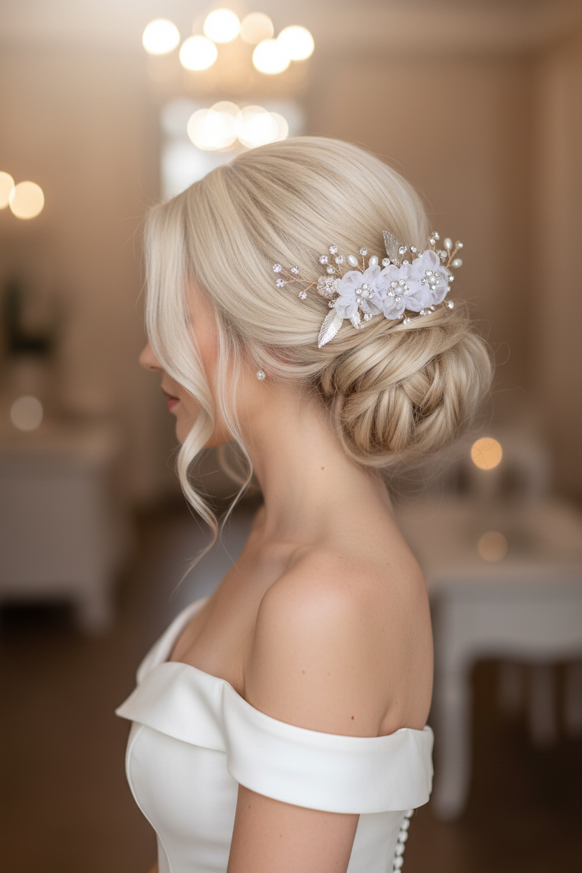 Gold Blüten Haarkamm – Ivory Chiffonblüten mit Perlen & Strass | Vintage Brauthaarschmuck | ONDEGO®