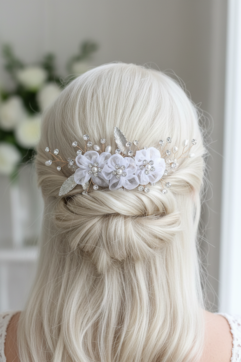 Gold Blüten Haarkamm – Ivory Chiffonblüten mit Perlen & Strass | Vintage Brauthaarschmuck | ONDEGO®