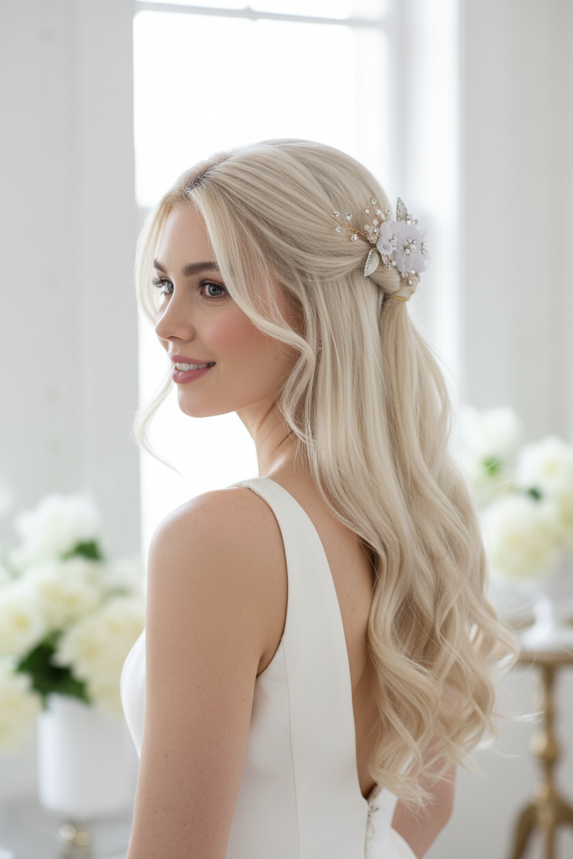 Gold Blüten Haarkamm – Ivory Chiffonblüten mit Perlen & Strass | Vintage Brauthaarschmuck | ONDEGO®