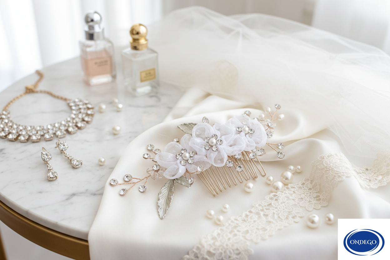Gold Blüten Haarkamm – Ivory Chiffonblüten mit Perlen & Strass | Vintage Brauthaarschmuck | ONDEGO®