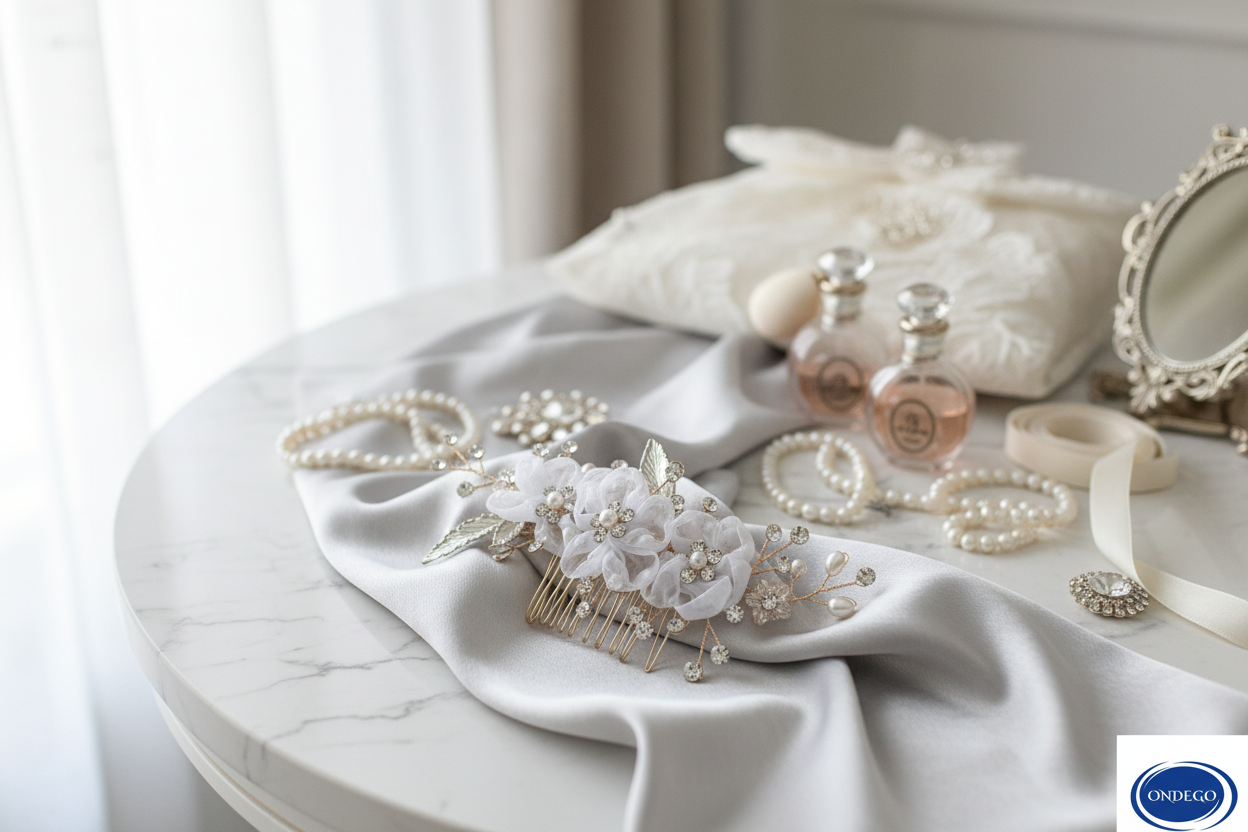 Gold Blüten Haarkamm – Ivory Chiffonblüten mit Perlen & Strass | Vintage Brauthaarschmuck | ONDEGO®