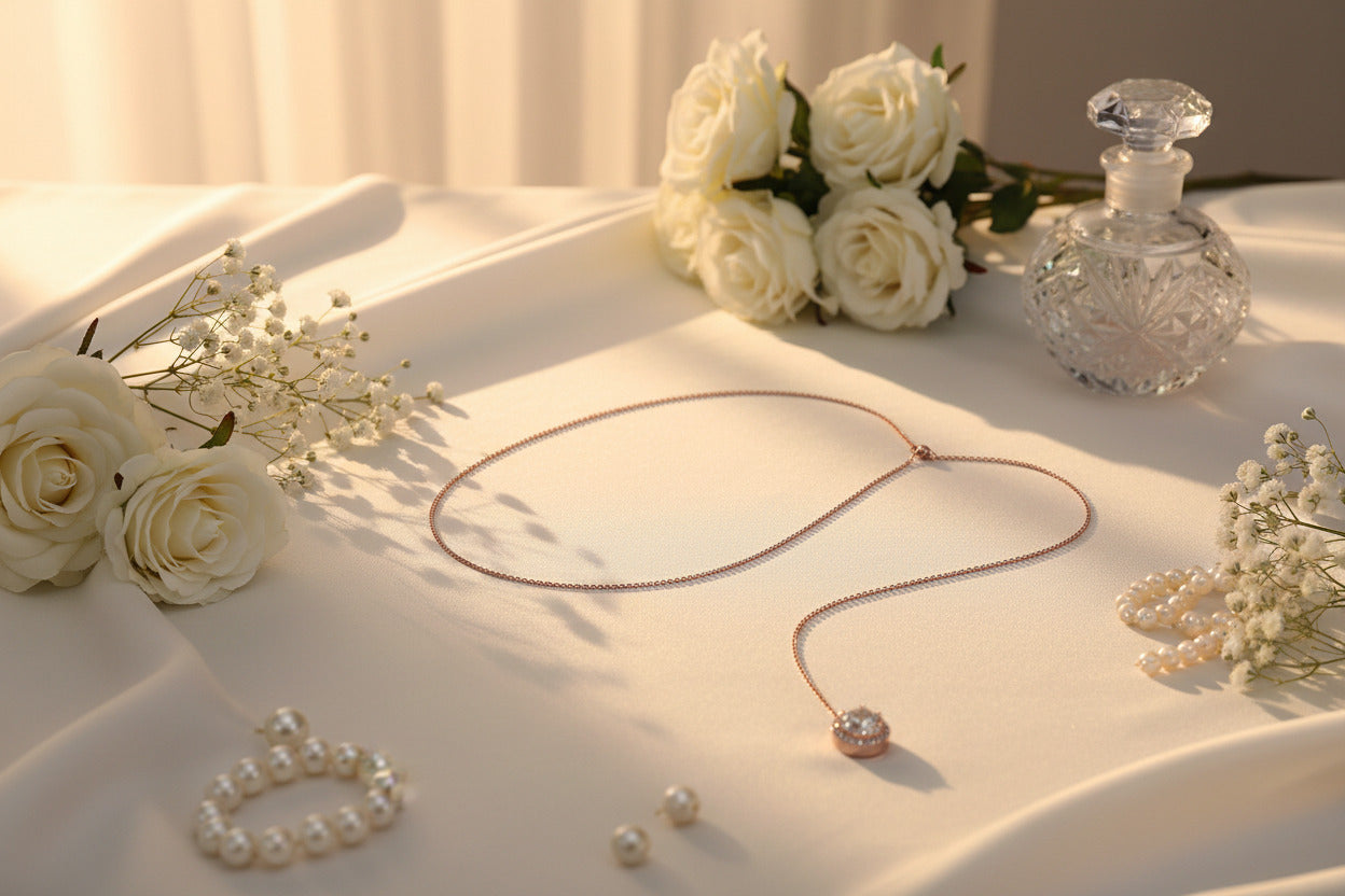 ONDEGO® Rückenkette Schmuckset Roségold – 2in1 Kette & Rückenkettchen mit Zirkonia, Ohrringe & Armband