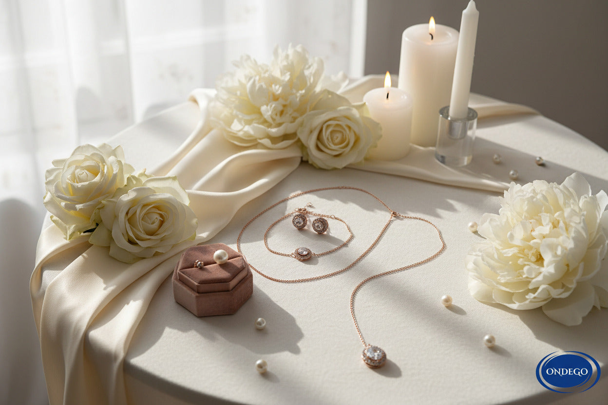 ONDEGO® Rückenkette Schmuckset Roségold – 2in1 Kette & Rückenkettchen mit Zirkonia, Ohrringe & Armband
