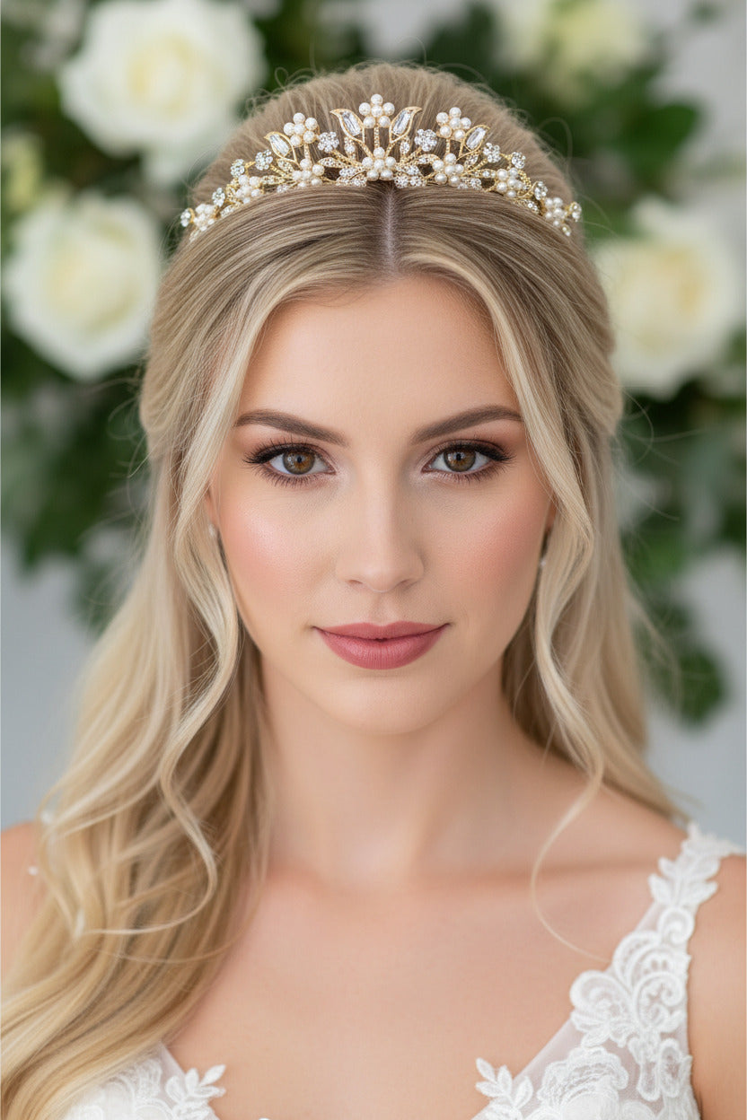 Antik Gold Diadem – Vintage Tiara mit Strass & Perlen für Hochzeit, Braut & Abiball | ONDEGO®