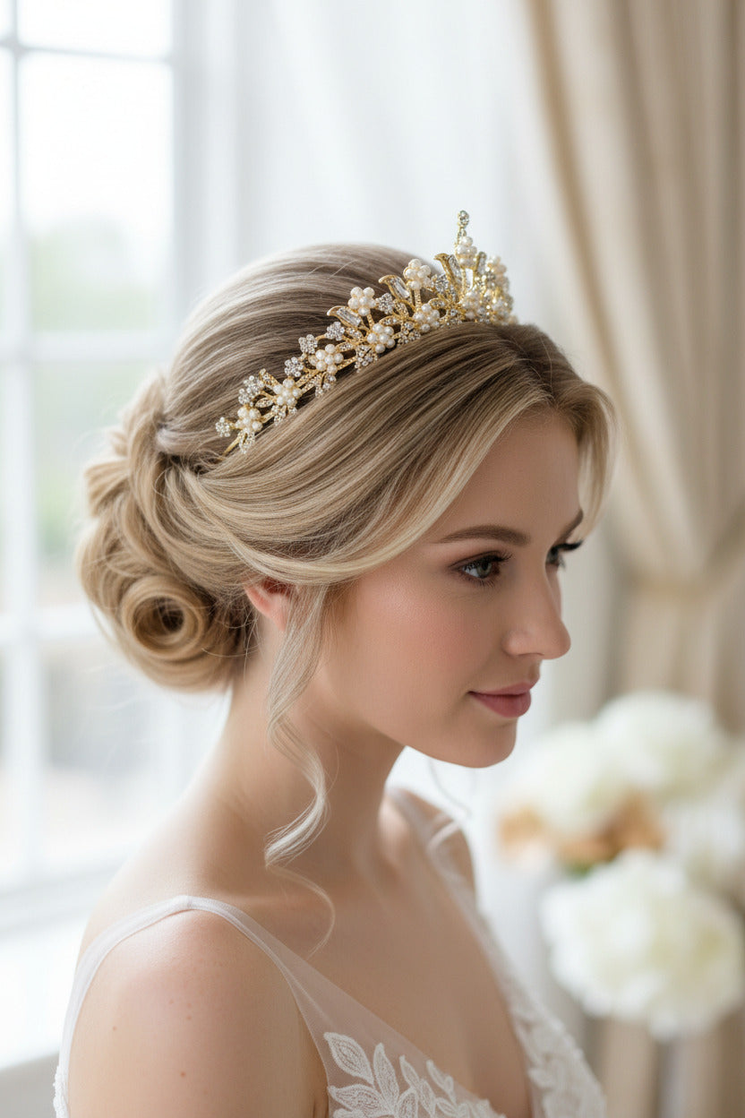 Antik Gold Diadem – Vintage Tiara mit Strass & Perlen für Hochzeit, Braut & Abiball | ONDEGO®