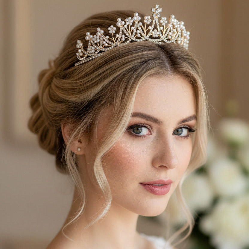 Gold Vintage Diadem – Strass & Perlen Tiara für Hochzeit, Braut, Königin & Abiball | ONDEGO®