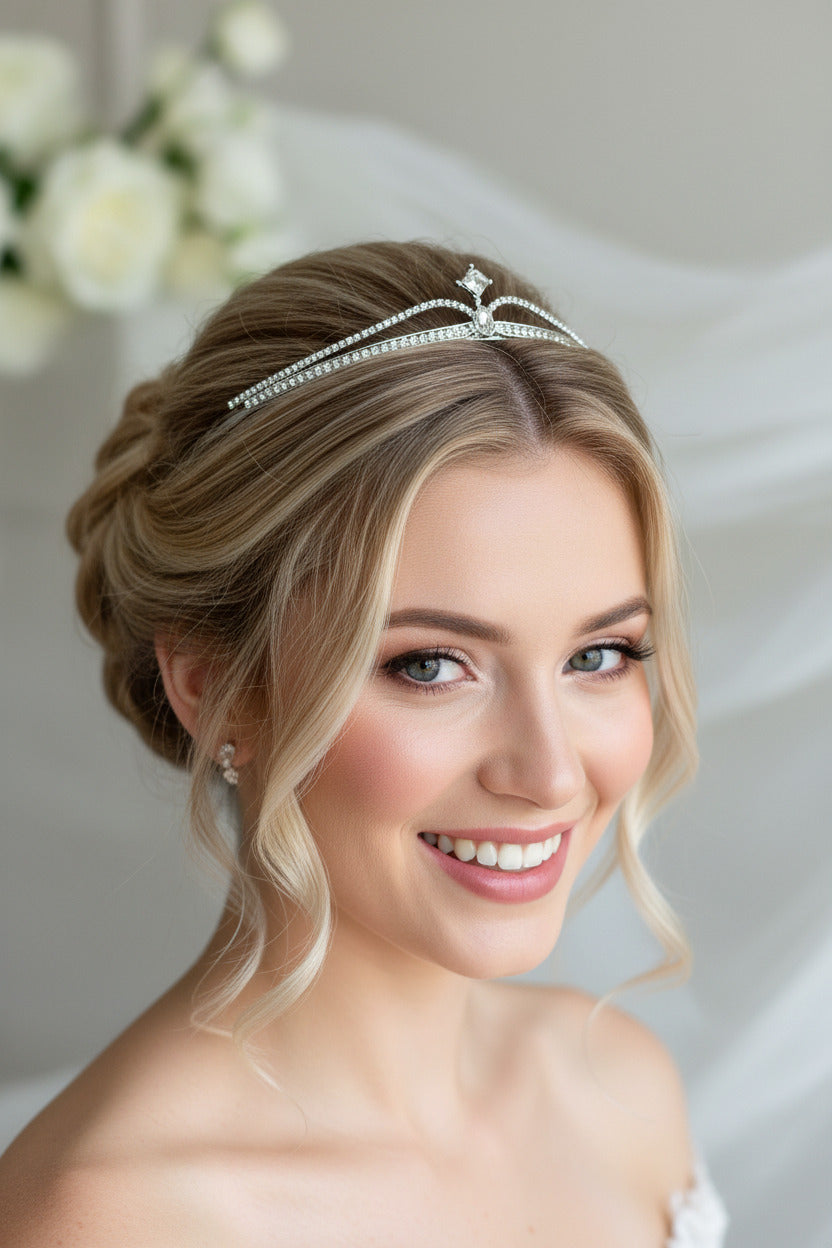Strass Diadem Silber – Tiara für Hochzeit, Braut & Geburtstag, Haarschmuck mit Ösen | ONDEGO®