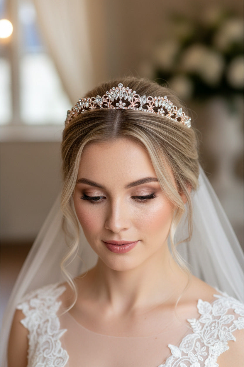 Roségold Strass Diadem – große Tiara für Hochzeit, Braut & Glam-Events | ONDEGO®