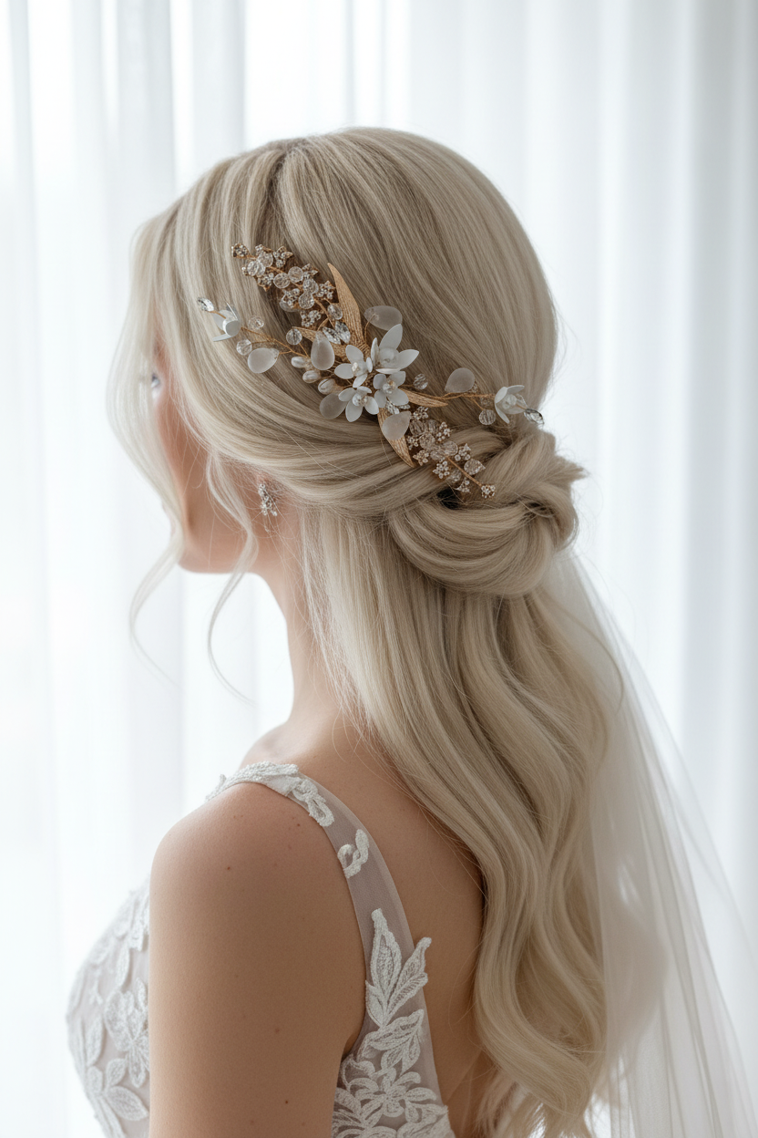 3D Gold Haarklammer mit Blüten & Perlen – Eleganter Brautschmuck | ONDEGO®