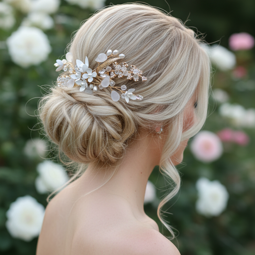 3D Gold Haarklammer mit Blüten & Perlen – Eleganter Brautschmuck | ONDEGO®