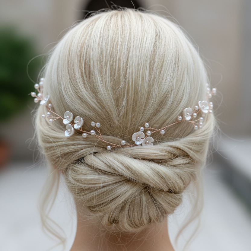 3D Haardraht Rosegold mit Blüten & Perlen – Brautschmuck Haarschmuck Hochzeit Blush Ivory – ONDEGO®