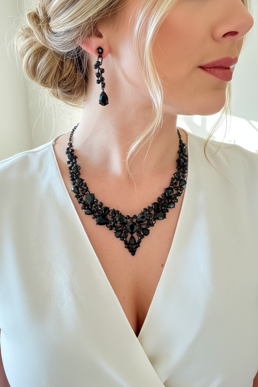 Schwarzes Strass Schmuckset Damen – Halskette & Ohrringe im eleganten Gothic Stil | ONDEGO®