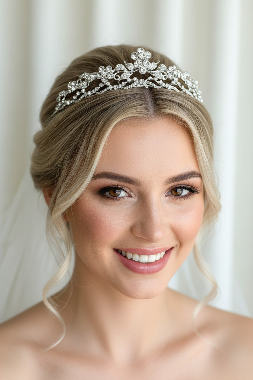 Silber Strass Diadem – florale Tiara für Braut & Hochzeit | ONDEGO®