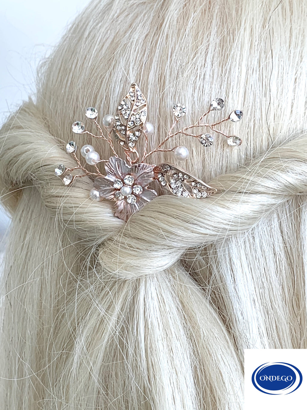 Elegante Haarnadel Roségold mit Strass & Blüte – Braut Haarschmuck für Hochzeit, Steckfrisuren & besondere Anlässe | ONDEGO®