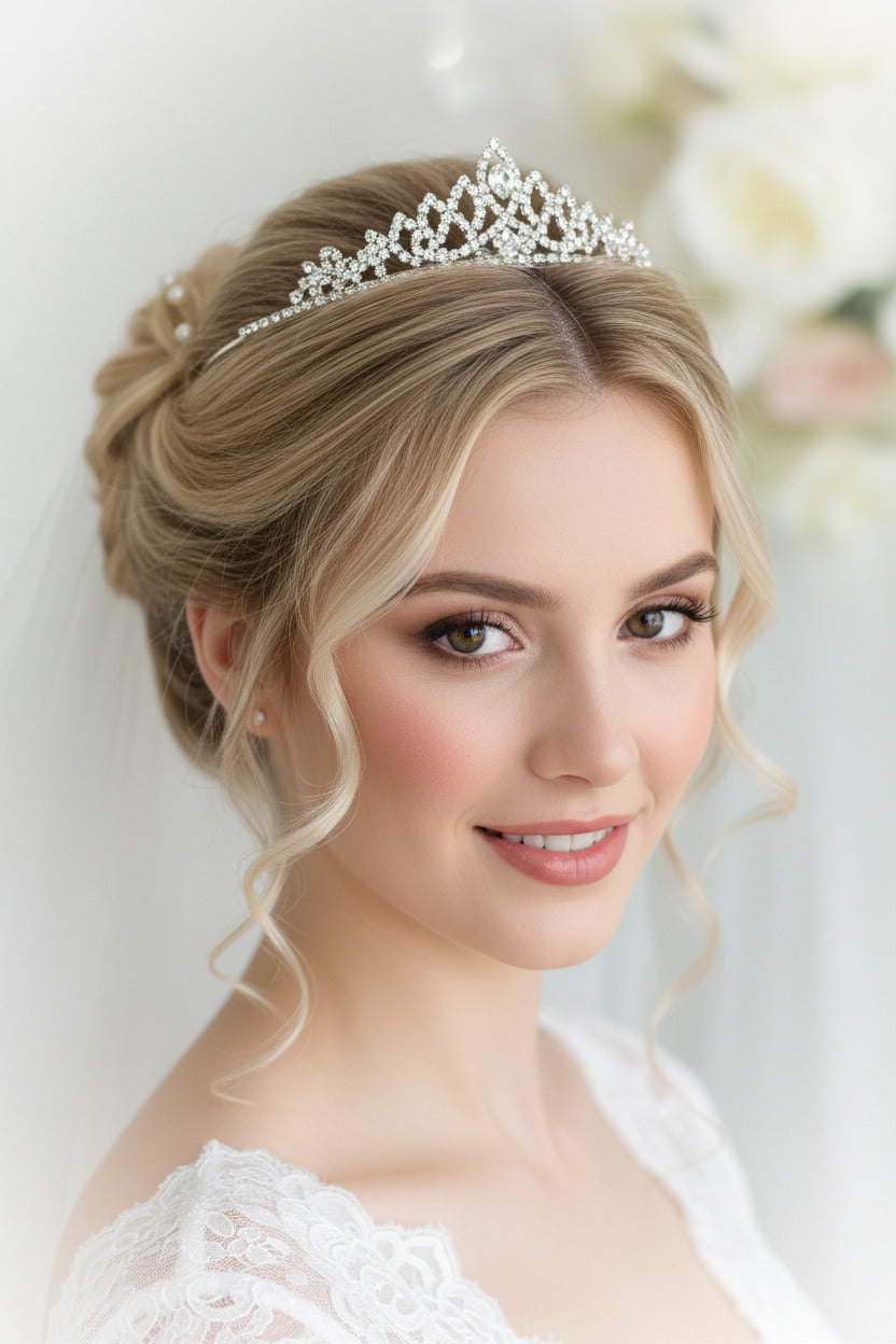 Strass Diadem Silber – große Tiara für Braut & Hochzeit, glitzernder Haarschmuck Krone | ONDEGO®