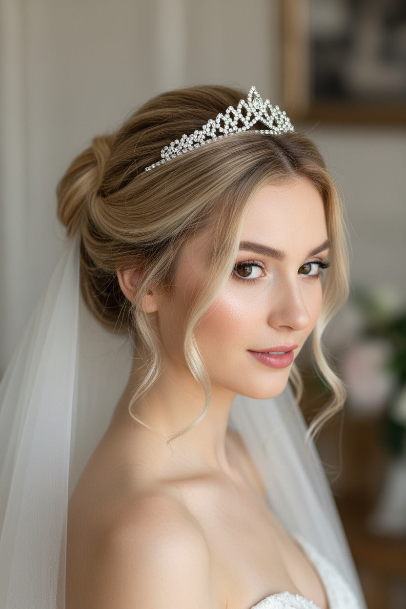 Strass Diadem Silber – große Tiara für Braut & Hochzeit, glitzernder Haarschmuck Krone | ONDEGO®