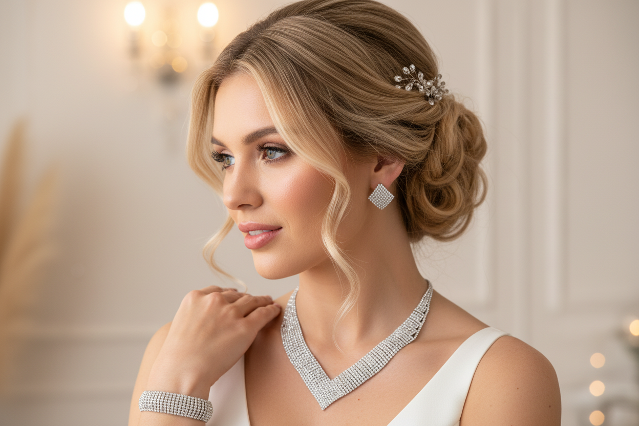 XXL Schmuckset Damen Silber – 3-teiliges Strass Collier, Ohrringe & Armband – Brautschmuck für Hochzeit, Abiball & Gala | ONDEGO®
