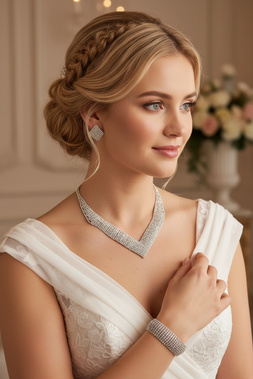XXL Schmuckset Damen Silber – 3-teiliges Strass Collier, Ohrringe & Armband – Brautschmuck für Hochzeit, Abiball & Gala | ONDEGO®